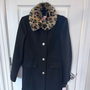New Kate Spade Leopard Faux Fur Collar Coat